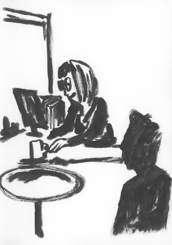 black and white line sketch of two people in a meeting, one is at a computer