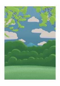 Illustration of Middlesbroughs Transporter Bridge seen through some trees