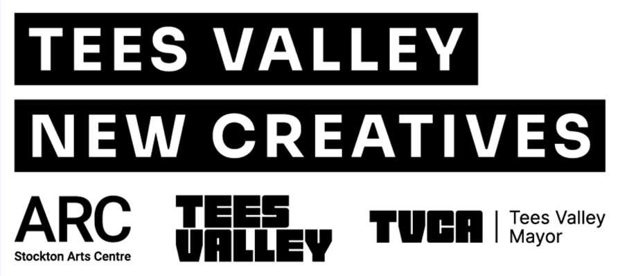 Tees Velley New Creatives Logo featuring the logos for ARC Stockton Arts Centre Tees Valley Combined Authority, and Tees Valley Combined Authority Mayor