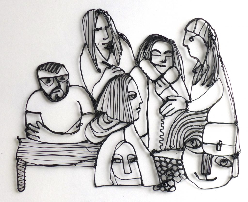 3D black lined illustration of seven people grouped together
