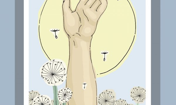 A hand raised in the air between dandelion clocks, with the sun in the background