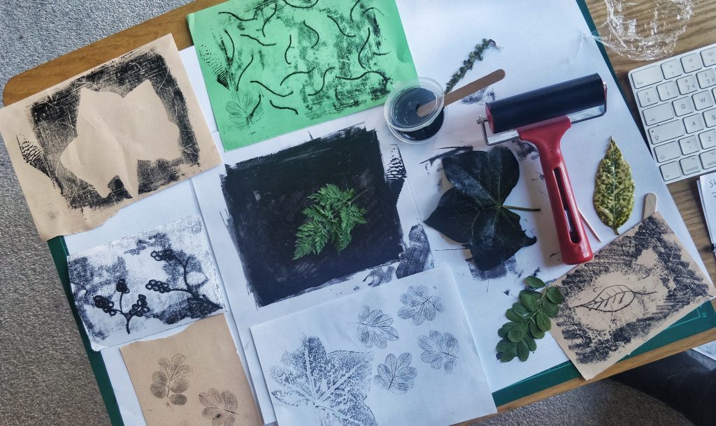 A selection of prints that have been created using leaves.