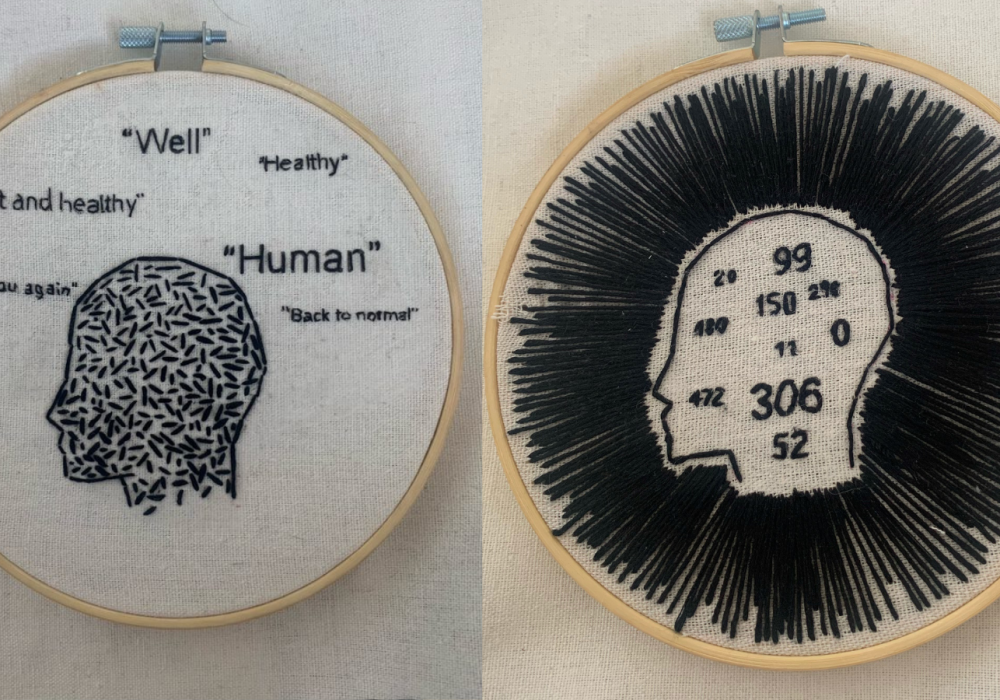 Two embroidery hoops with black embroidery, both feature heads. One has a collection of numbers inside the head, the other has words such as "human" and "healthy" surrounding the head.