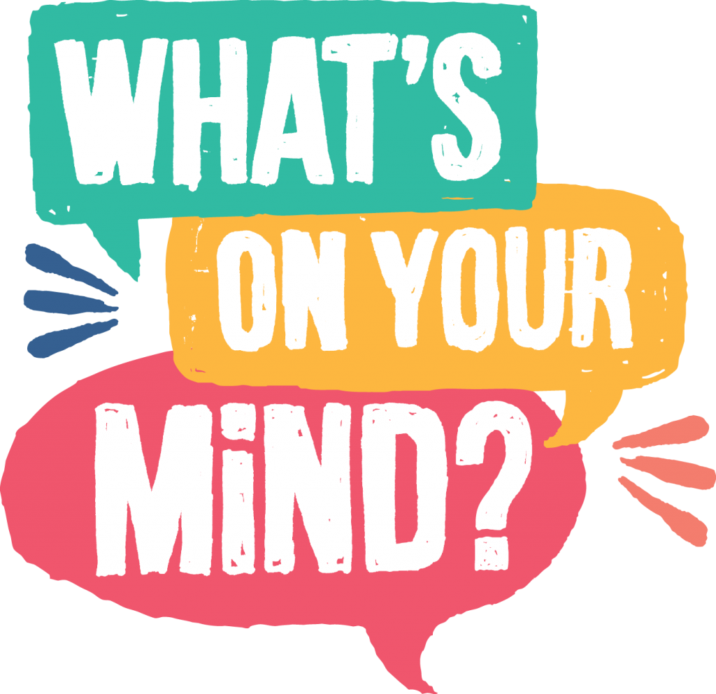 What's On Your Mind logo - text in different coloured boxes, designed to look like speech bubbles