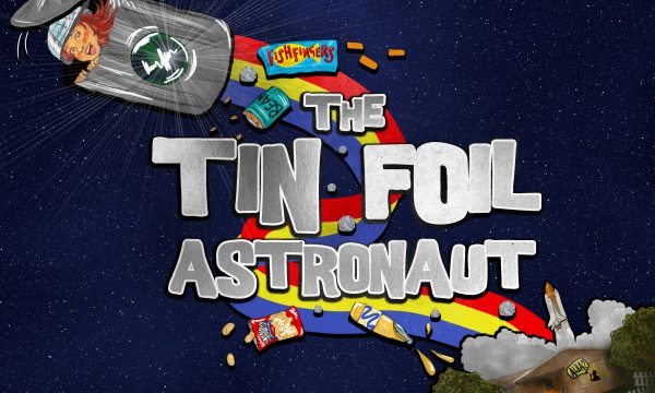 Cartoon style illustration of a child in a dustbin rocket blasting off from her house below. Silver lettering reads 'THE TIN FOIL ASTRONAUT'