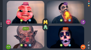 'Screenshot' of a mock up of 4 monsters on a Zoom call together