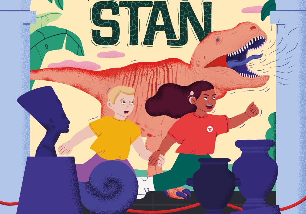 Cartoon style illustration headed by the name 'STAN', with an orange T-Tex dinosaur roaring, and a boy and girl (the girl is wearing a cochlear implant) in front of it. Museum artefacts are along the bottom of the image.