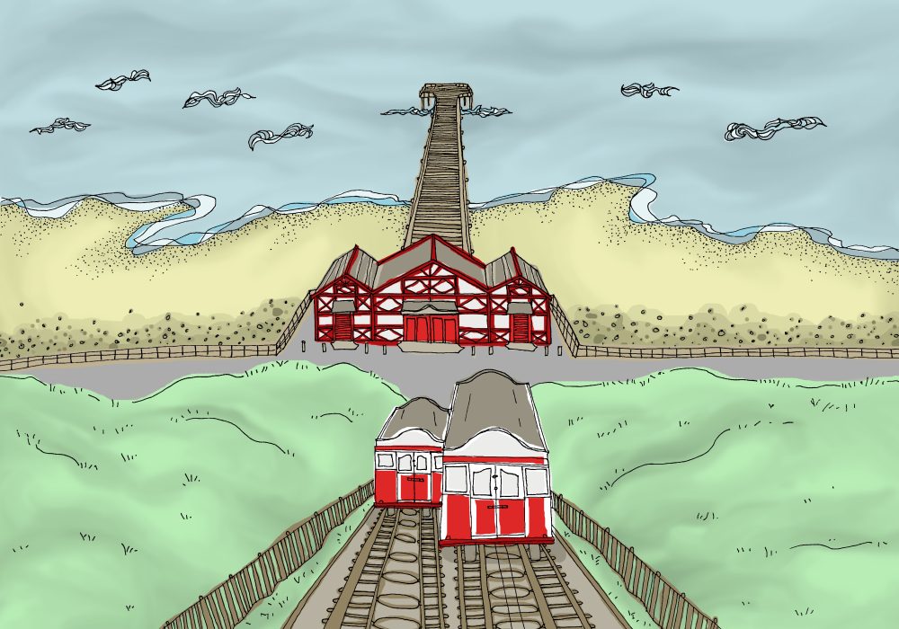 An illustration of the Saltburn Cliff Lift, looking down towards the pier.