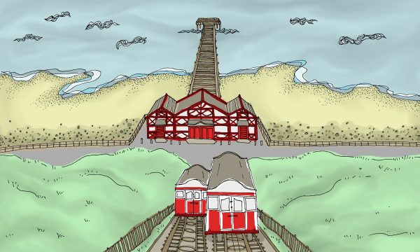 An illustration of the Saltburn Cliff Lift, looking down towards the pier.