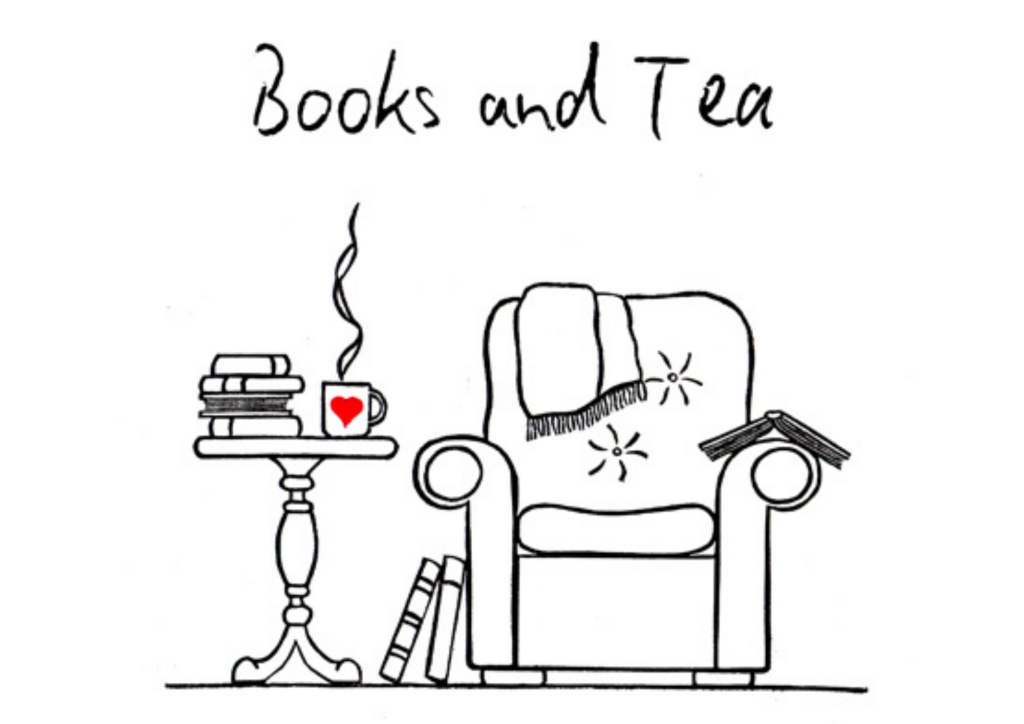 An illustration of an armchair, with a side table covered in books, and a mug of tea.