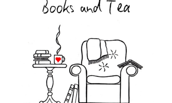 An illustration of an armchair, with a side table covered in books, and a mug of tea.