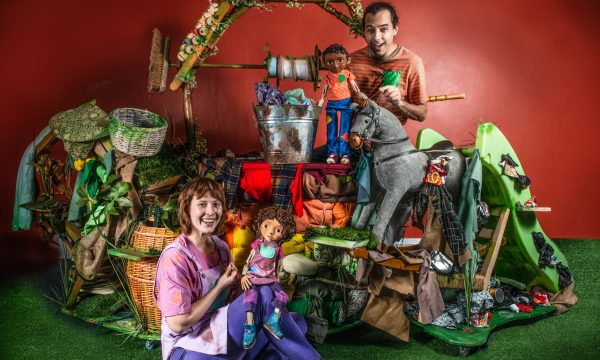 Two performers and two puppets (Jack and Jill) on the set of Jack, Jill and the Landfill