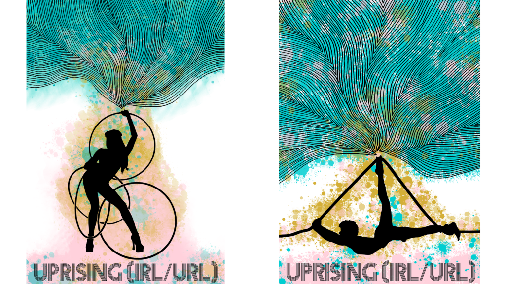 Collage of two silhouette illustrations - one artist multi hula hooping and another on aerial rope
