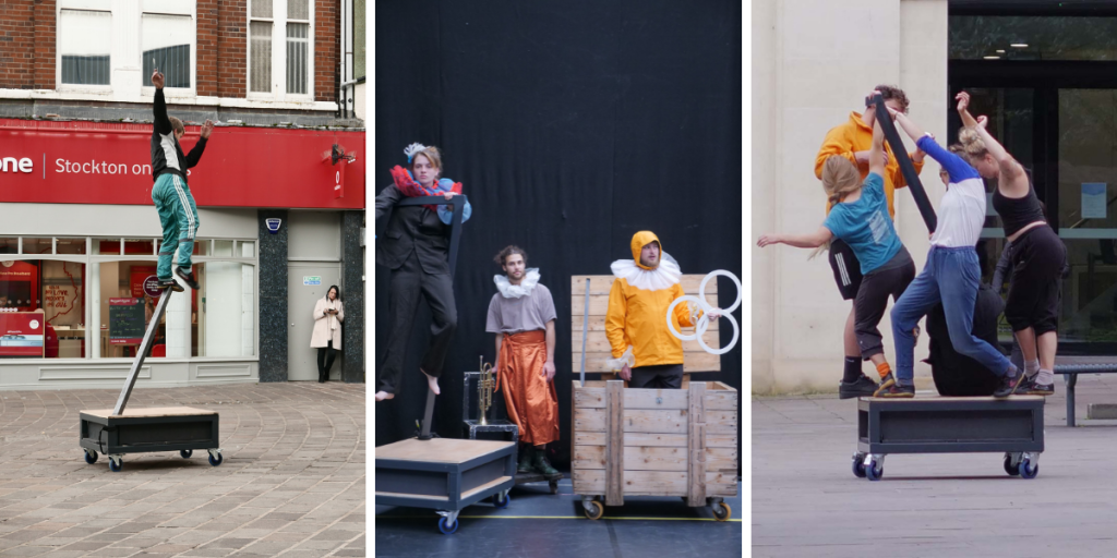 Collage of 3 separate images of circus performers preparing for and practicing for the Parade of Horribles