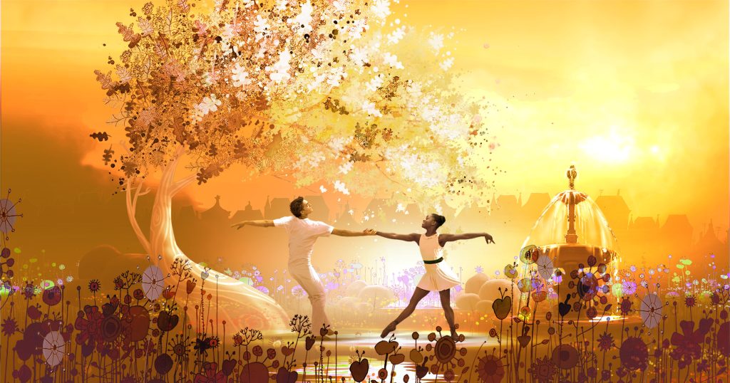 A female and a male ballerina dance against a bright backdrop of trees and the setting sun
