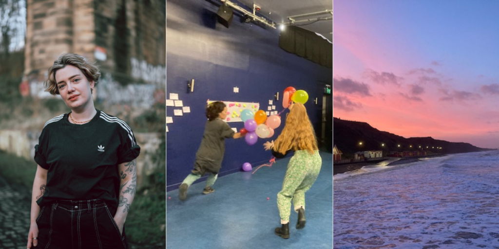Collage of 3 images l-r: Lauren stands and poses for the camera; 2 artists playing with balloons in the rehearsal room; Saltburn sea and cliffs at sunset