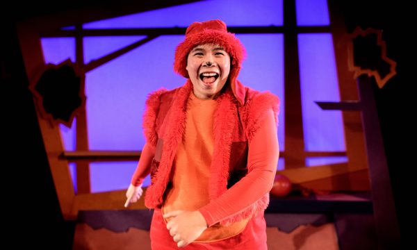 A performer dressed all in orange as George the dog from Oh No, George!