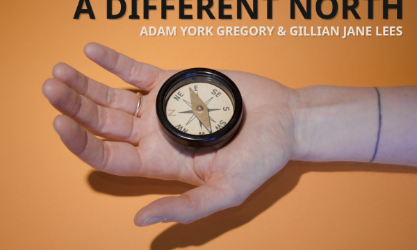 Text reading A DIFFERENT NORTH ADAM YORK GREGORY & GILLIAN JANE LEES above a photograph of a compass in a hand wearing a plain gold ring.