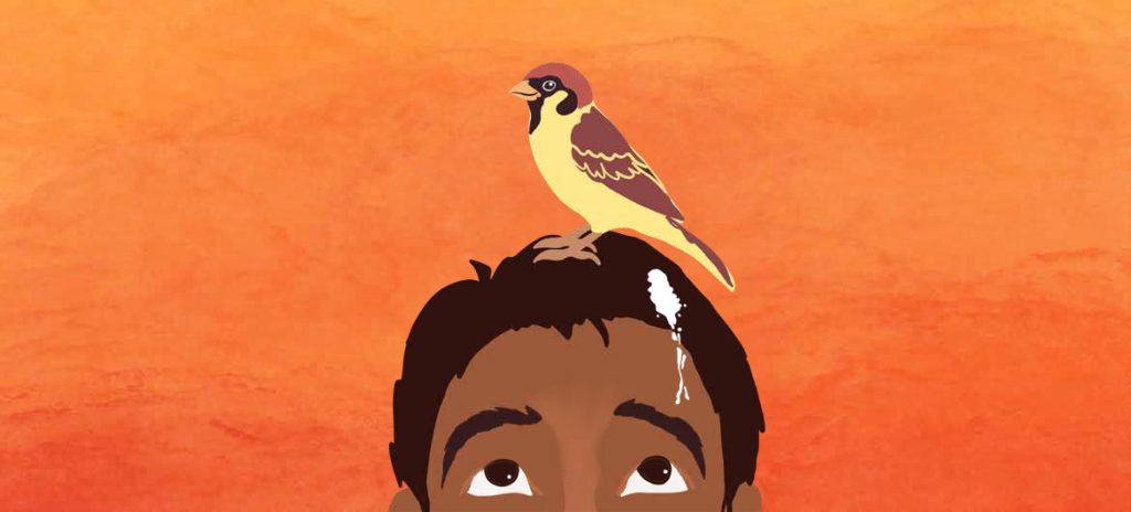An illustration of a bird sitting on a boy's head