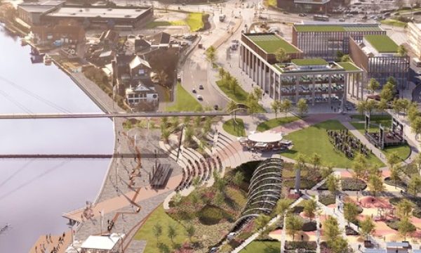 Aerial shot of Stockton Waterfront with Dunedin House and new community facility