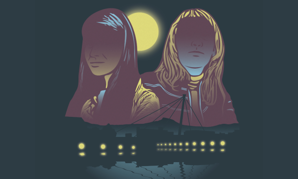 An illustration of two women against a black sky. A full moon is behind them, and buildings and a river below.