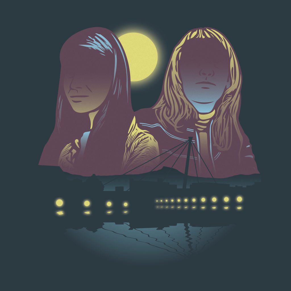 An illustration of two women against a black sky. A full moon is behind them, and buildings and a river below.