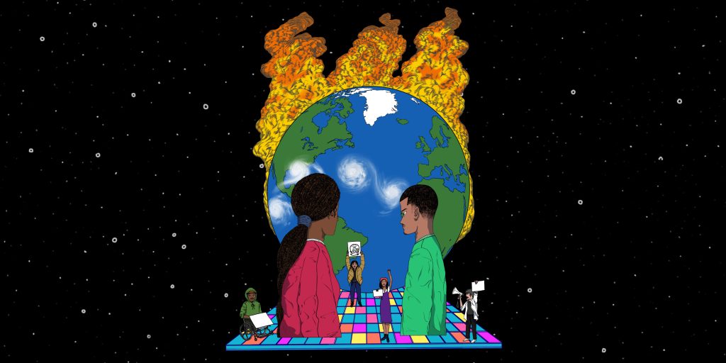 An illustration of two people watching the world burn. Underneath the world, climate activists stand on a brightly-coloured dancefloor.