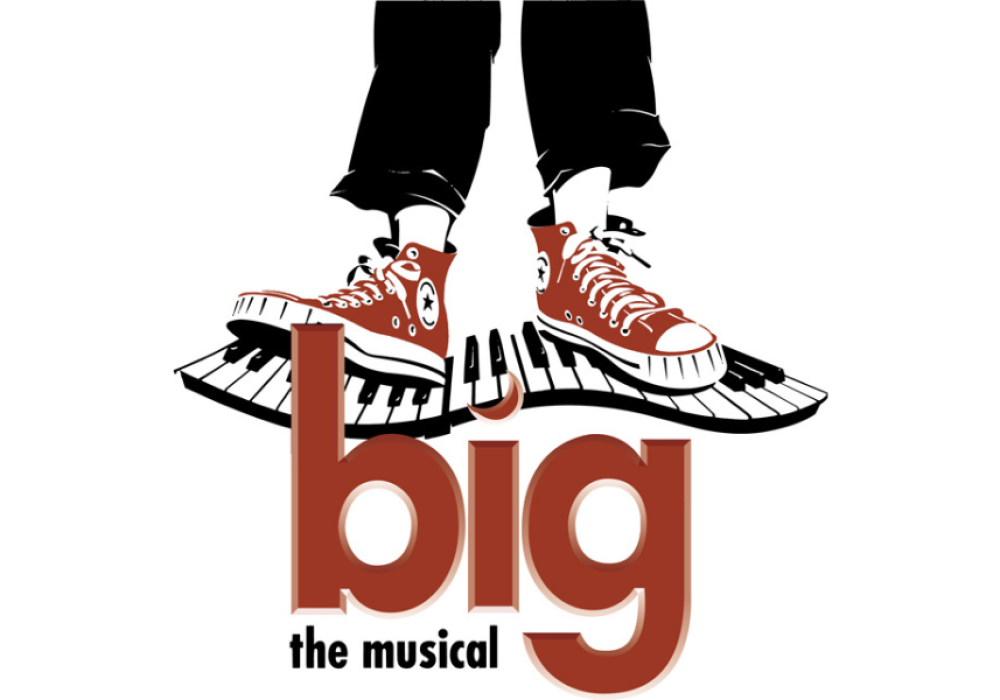 An illustration of a pair of feet in red baseball boots on a wavy black and white keyboard. Text reads 'big the musical' underneath.