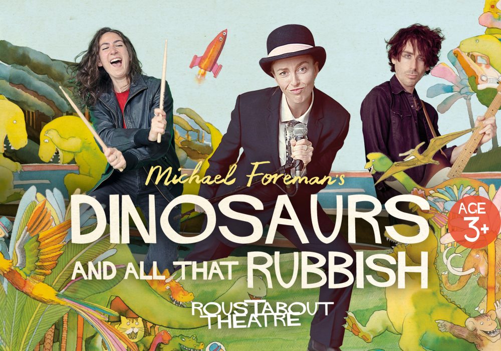 Three performers against a brightly coloured illustrated background of dinosaurs, animals,. trees, leaves, and industrial chimneys