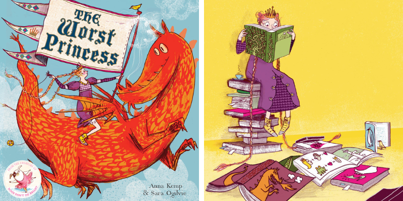 A collage of two images - The Worst Princess book cover on the left, and an illustration of the princess sitting on a pile of books, reading, on the right