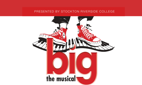 At the top, white text on a red background reads 'PRESENTED BY STOCKTON RIVERSIDE COLLEGE'. llustration underneath of a pair of feet in red baseball boots on a wavy black and white keyboard. Text reads 'big the musical' underneath.