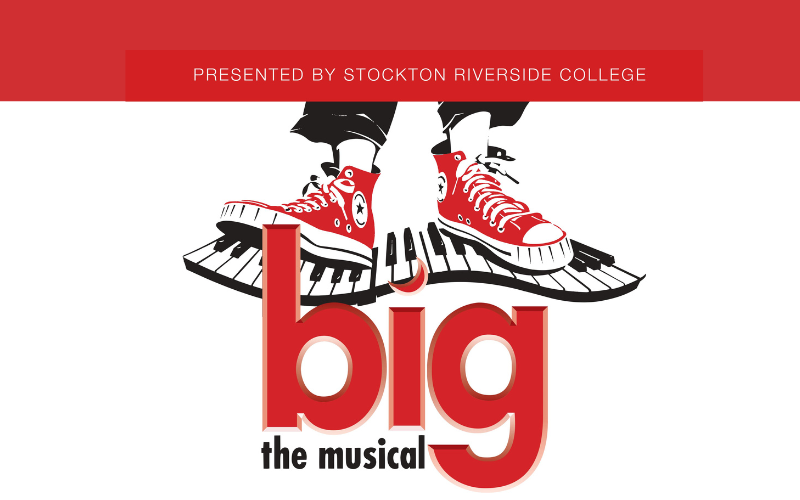 At the top, white text on a red background reads 'PRESENTED BY STOCKTON RIVERSIDE COLLEGE'. llustration underneath of a pair of feet in red baseball boots on a wavy black and white keyboard. Text reads 'big the musical' underneath.