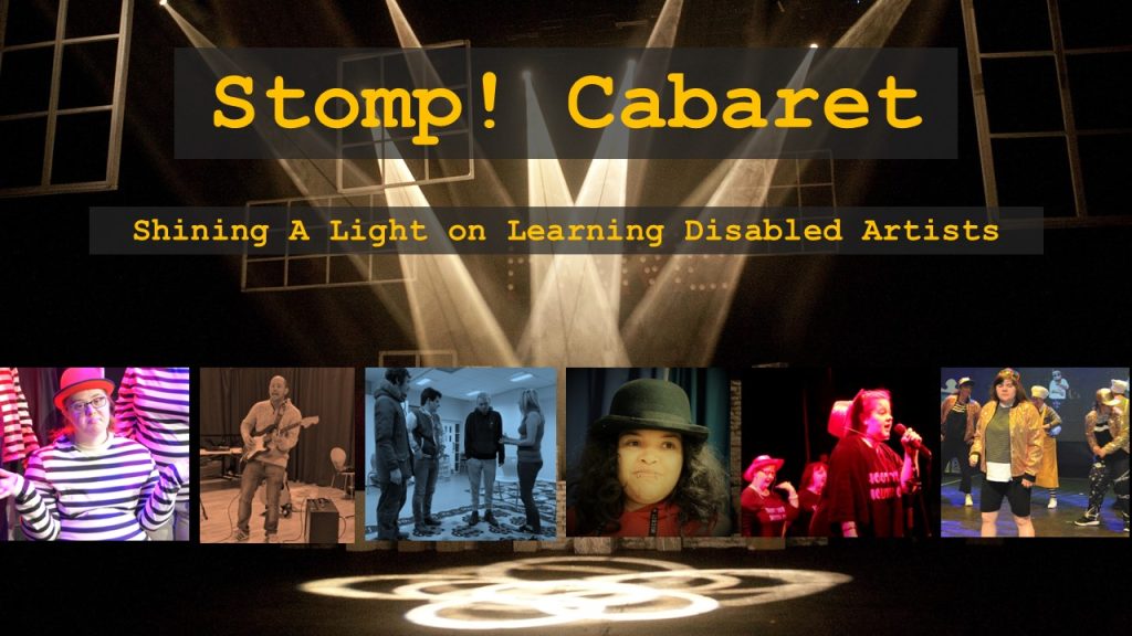 Text reading 'Stomp! Cabaret' with a selection of photos of Full Circle performers underneath