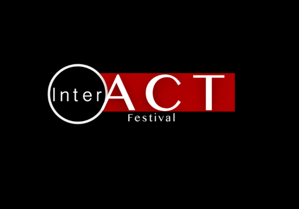 White text reading InterACT Festival on a mostly black background (background is red behind ACT)