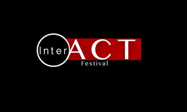 White text reading InterACT Festival on a mostly black background (background is red behind ACT)