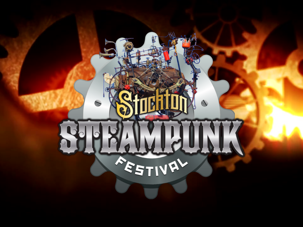 Stockton Steampunk festival logo. The logo is a silver cog overlayed with a photo of the Stockton Flyer with the words Stockton Steampunk Festival. There is a background of golden cogs behind the logo.