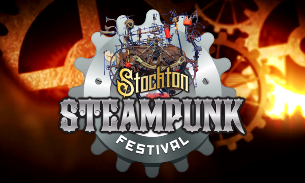 Stockton Steampunk festival logo. The logo is a silver cog overlayed with a photo of the Stockton Flyer with the words Stockton Steampunk Festival. There is a background of golden cogs behind the logo.