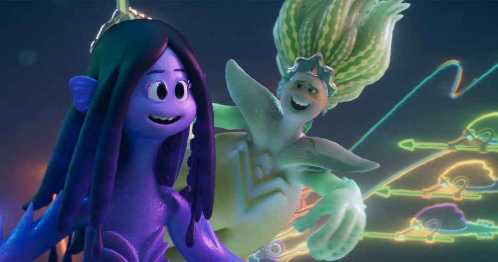 An animated purple kraken stands at the front of the image, she is smiling, behind her is a light green kraken who is also smiling. Behind them are neon drawings of spear wielding sea creatures.