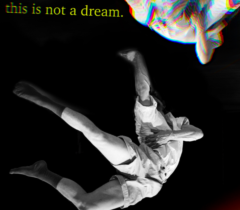 Black and white image of a circus performer moving through the air, with the words 'this is not a dream' above them