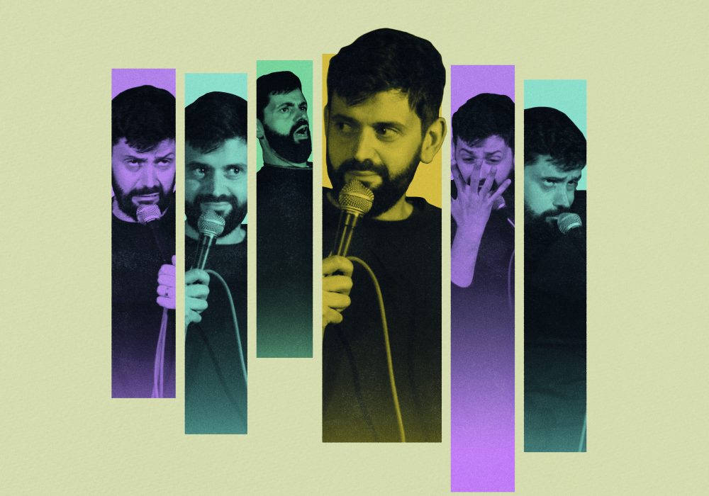 A collage of comedian Fin Taylor performing, the collage is split into 6 columns, all in varying shades of purple, yellow, and green.