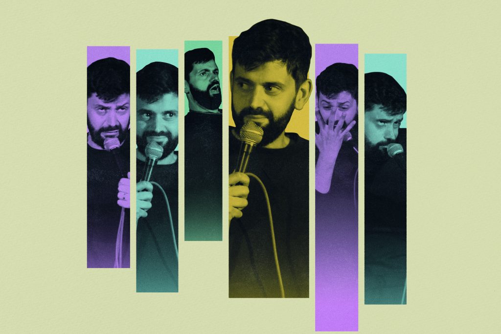 A collage of comedian Fin Taylor performing, the collage is split into 6 columns, all in varying shades of purple, yellow, and green.