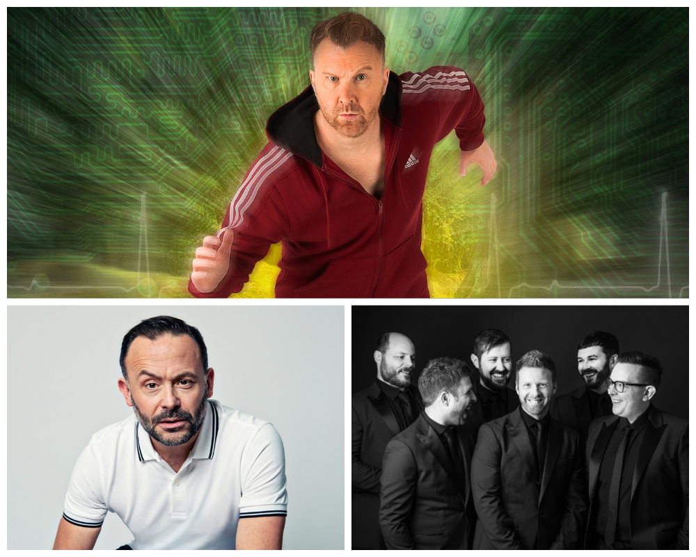 Collage with image of comedian Jason Byrne at the top in a red tracksuit in a running pose on a green graphic background, comedian Geoff Norcott sitting with a pensive look on his face, and band the Funk Collective in black and white wearing suits, and standing in a huddle making eye contact with each other and smiling.