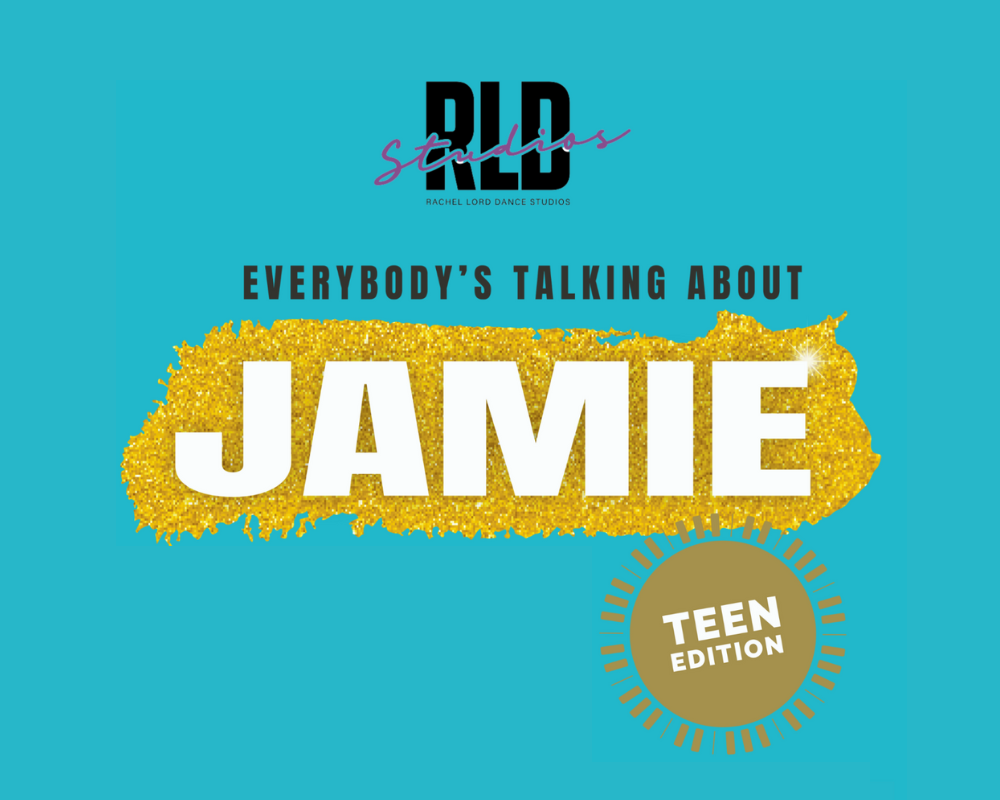 Text based image on blue background. Contains RLD Studio's logo. Text reads Everybody's Talking About Jamie teen edition.