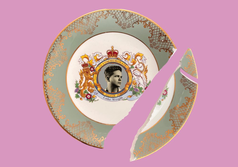 A broken commemorative style china plate, with a picture of Luke in the centre circle, and words around it that read 'To commemorate the Silver Jubilee of Luke Wright. A heraldic lion and uincorn appear either side of this circle.