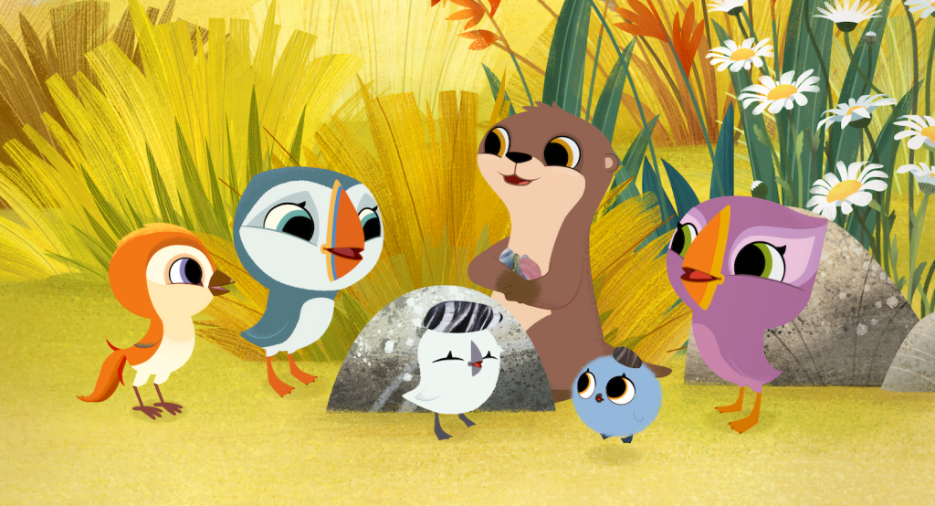 Animated picture of some cute animals including birds, an otter, a puffin, in a green space with plants in the background.