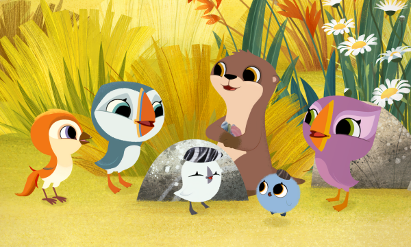 Animated picture of some cute animals including birds, an otter, a puffin, in a green space with plants in the background.