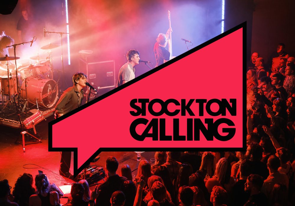 Stockton Calling logo sits over a band playing in ARC on stage