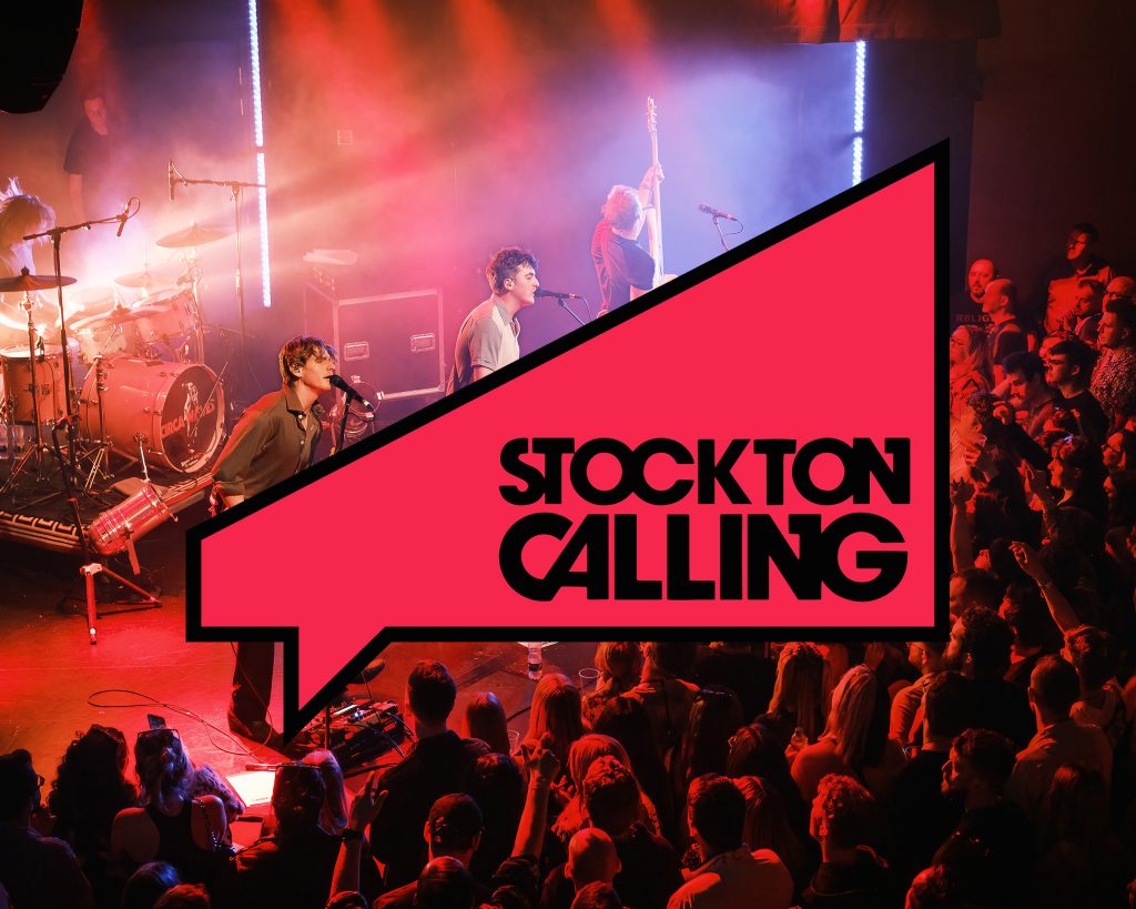 Stockton Calling logo sits over a band playing in ARC on stage
