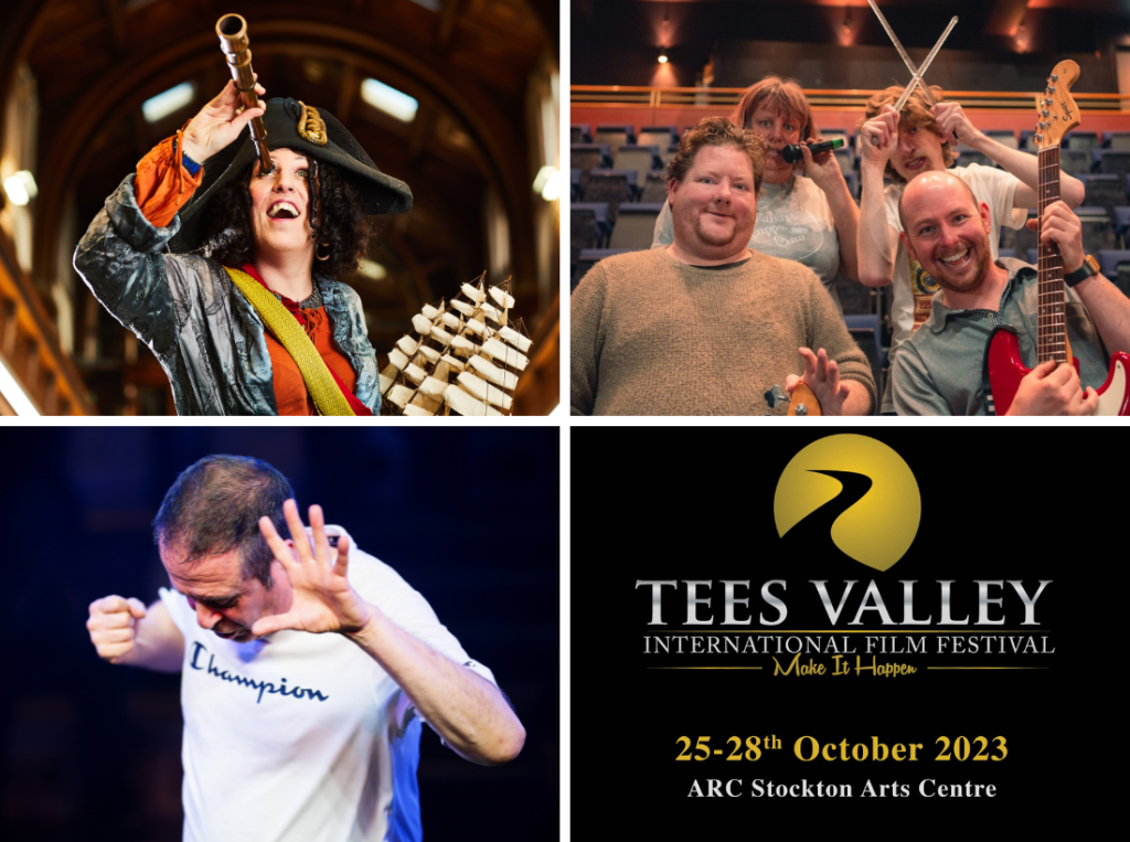 A collage of four images showing Pirate Bonnie; Behind The Curtain Cabaret; Mark Thomas in England & Son; Tees Valley International Film Festival 25 - 28 Oct