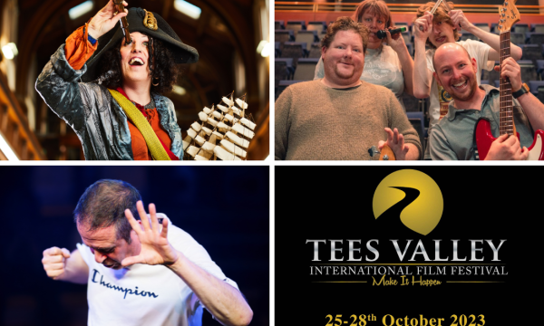 A collage of four images showing Pirate Bonnie; Behind The Curtain Cabaret; Mark Thomas in England & Son; Tees Valley International Film Festival 25 - 28 Oct